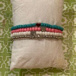Pastel Heart Beaded Stretch Bracelet Stack – Teal, Pink & White – 4 Piece Set